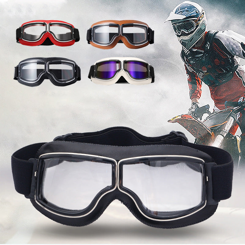 Vintage motorcycle goggles with scratch-resistant clear polycarbonate lenses. Durable UV protection.