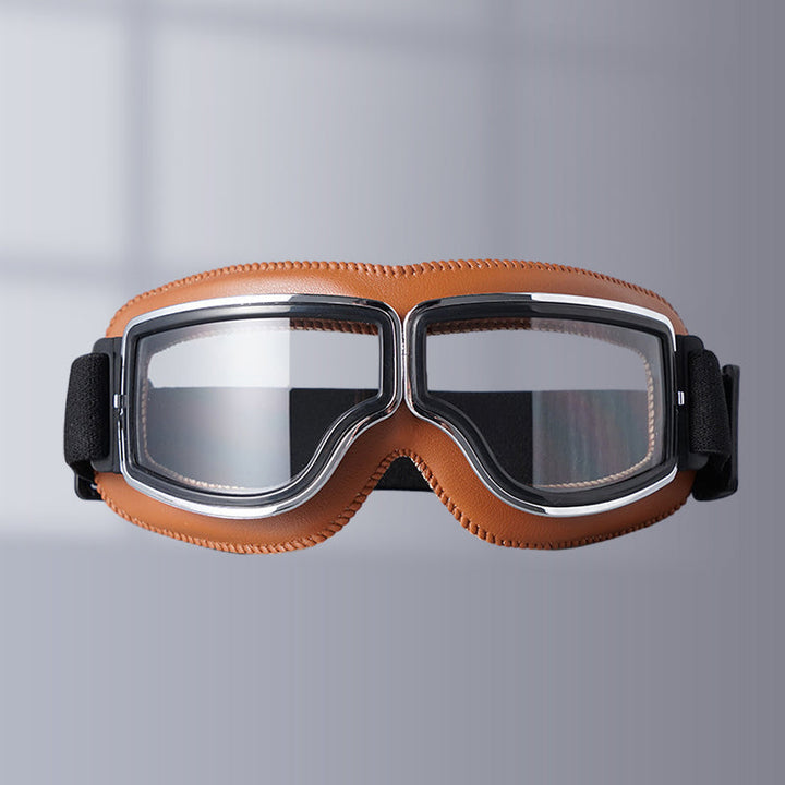 Classic vintage motorcycle goggles, PU leather padding, adjustable strap for secure fit & dust protection.