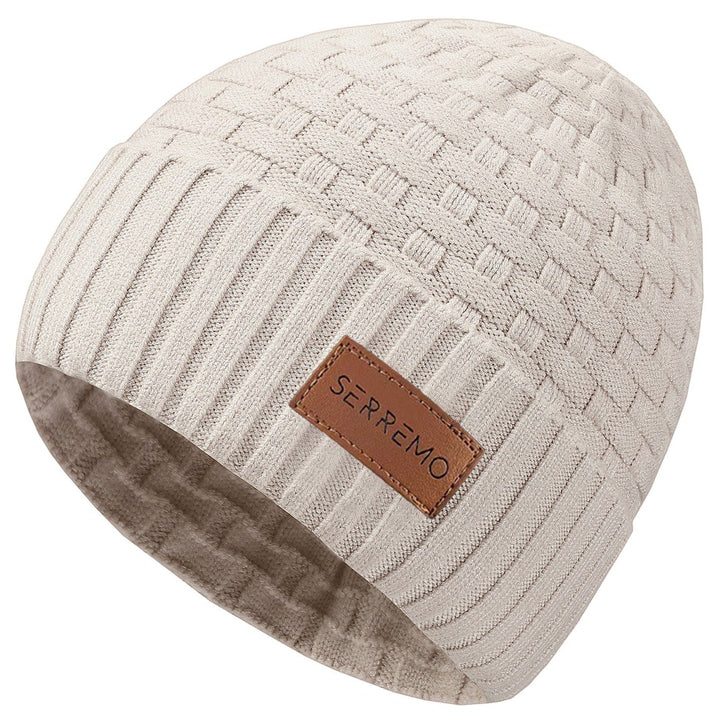Close-up of a cozy unisex waffle knit beanie showcasing the soft plush lining detail and texture