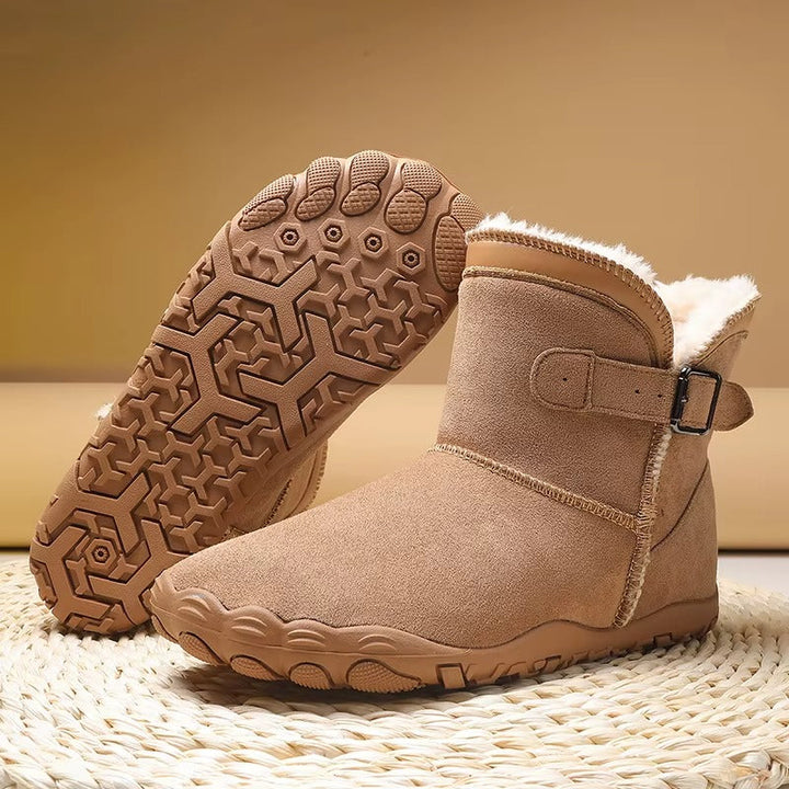 Unisex warm winter barefoot boots with flexible sole for cold weather comfort.