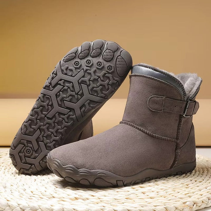 Flexible sole barefoot winter boots, unisex design, ideal for cold weather.