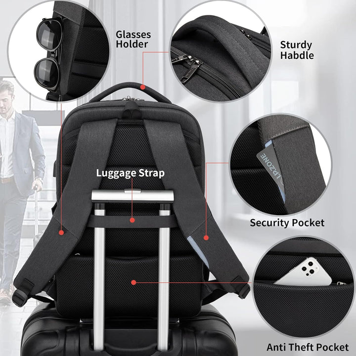 College backpack with multiple compartments and a convenient USB port.