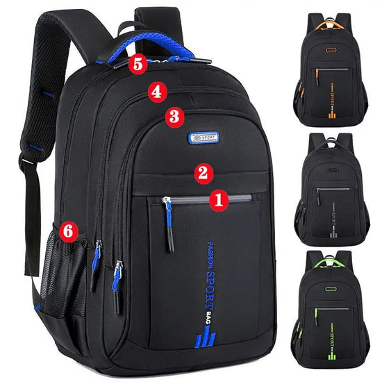 Full view of the multi-compartment unisex waterproof backpack, emphasizing its spacious and sleek design.