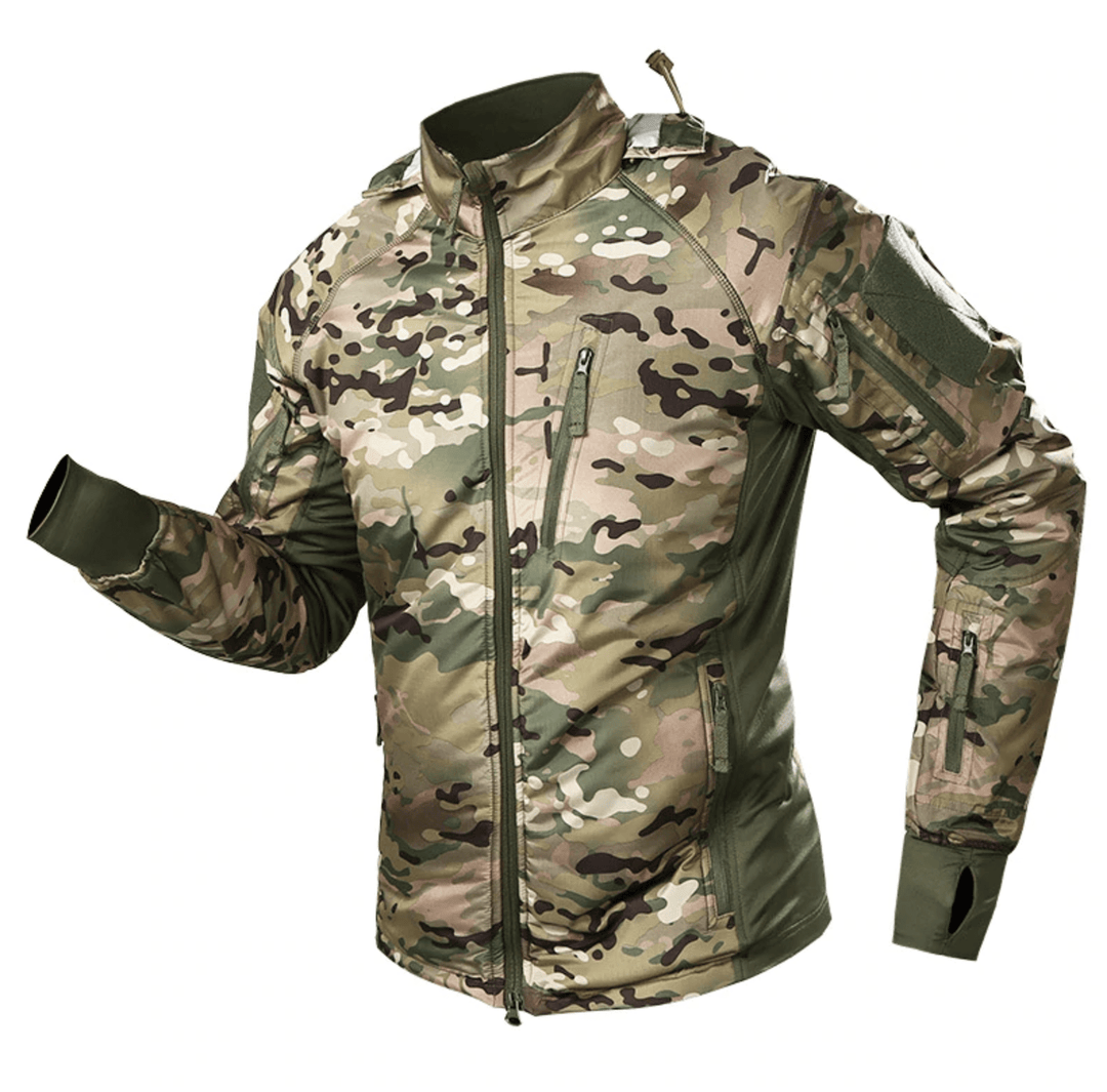 Unisex waterproof windbreaker jacket with removable hood, displayed on a mannequin, front view