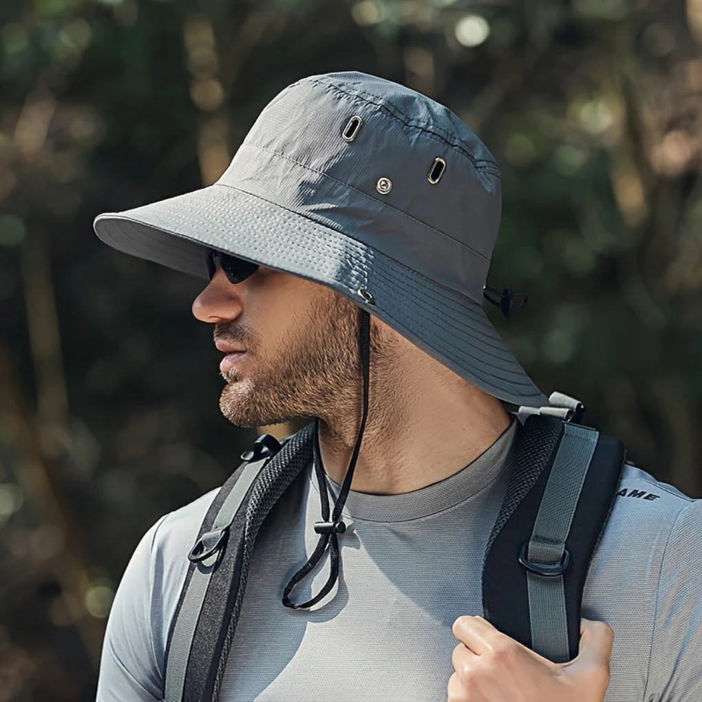 Outdoor unisex sun hat with wide brim offers excellent UV protection for hiking, beach, and summer travel.