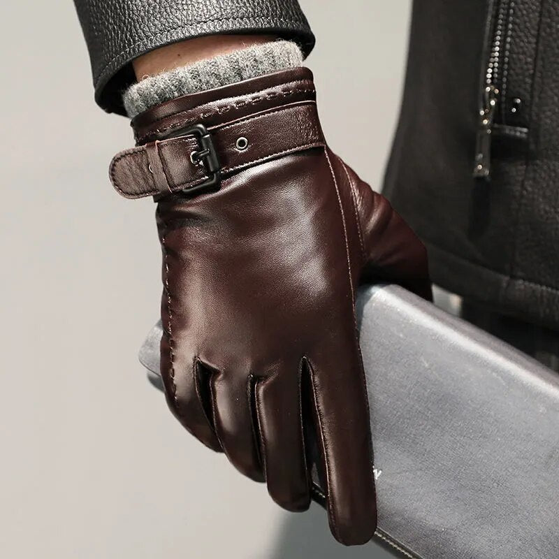 Unisex winter warm sheepskin leather gloves, cashmere-lined, for cold weather