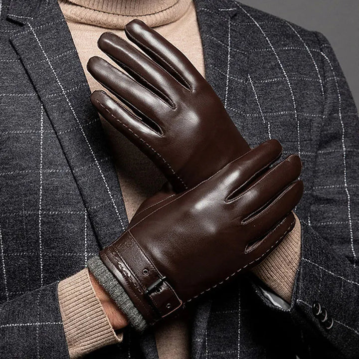 Close-up of a pair of touchscreen sheepskin leather winter gloves in black finish