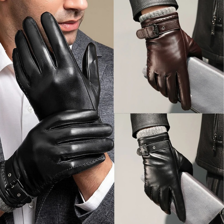 Detail shot of the soft sheepskin leather on warm winter gloves, touchscreen compatible