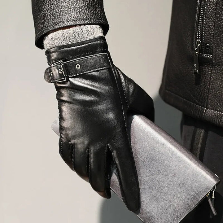 Pair of warm sheepskin leather gloves, touchscreen enabled, for ultimate winter comfort