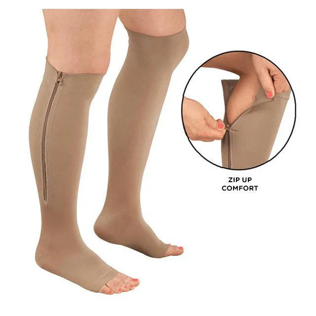 "Unisex zippered compression socks 20-30 mmHg, black, open-toe design, graduated pressure for leg fatigue relief."