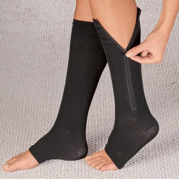 "Unisex zippered compression socks 20-30 mmHg, black, open-toe design, graduated pressure for leg fatigue relief."
