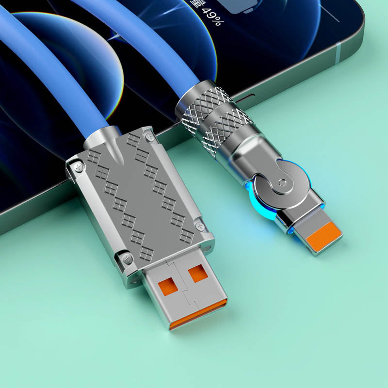 Braided universal 120W fast charging data cable with 180° rotation, perfect for gaming phones.