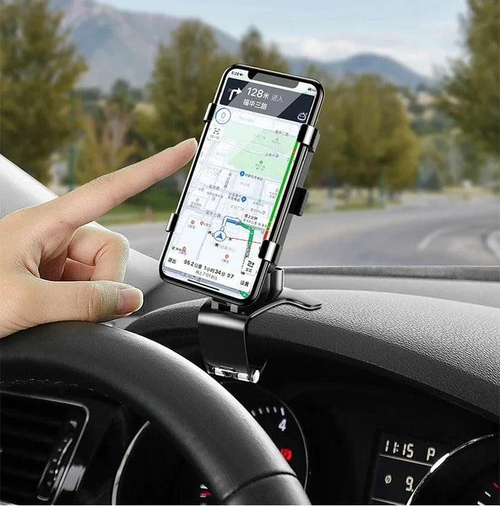 Secure hands-free car phone holder with 360° rotation for safe driving. Universal dashboard mount.