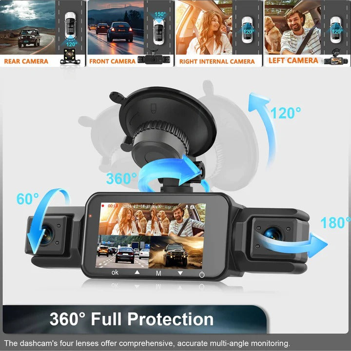 Complete 4-camera WiFi dash cam system with front, rear, and side cameras. Parking monitor, night vision.
