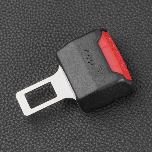 "Universal car seat belt clip extender, 2 pack, black, durable plastic and metal, easy installation for enhanced safety."