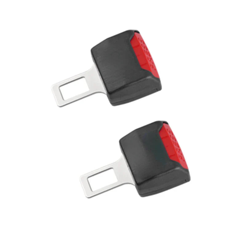 "Universal car seat belt clip extender, 2 pack, black, durable plastic and metal, easy installation for enhanced safety."
