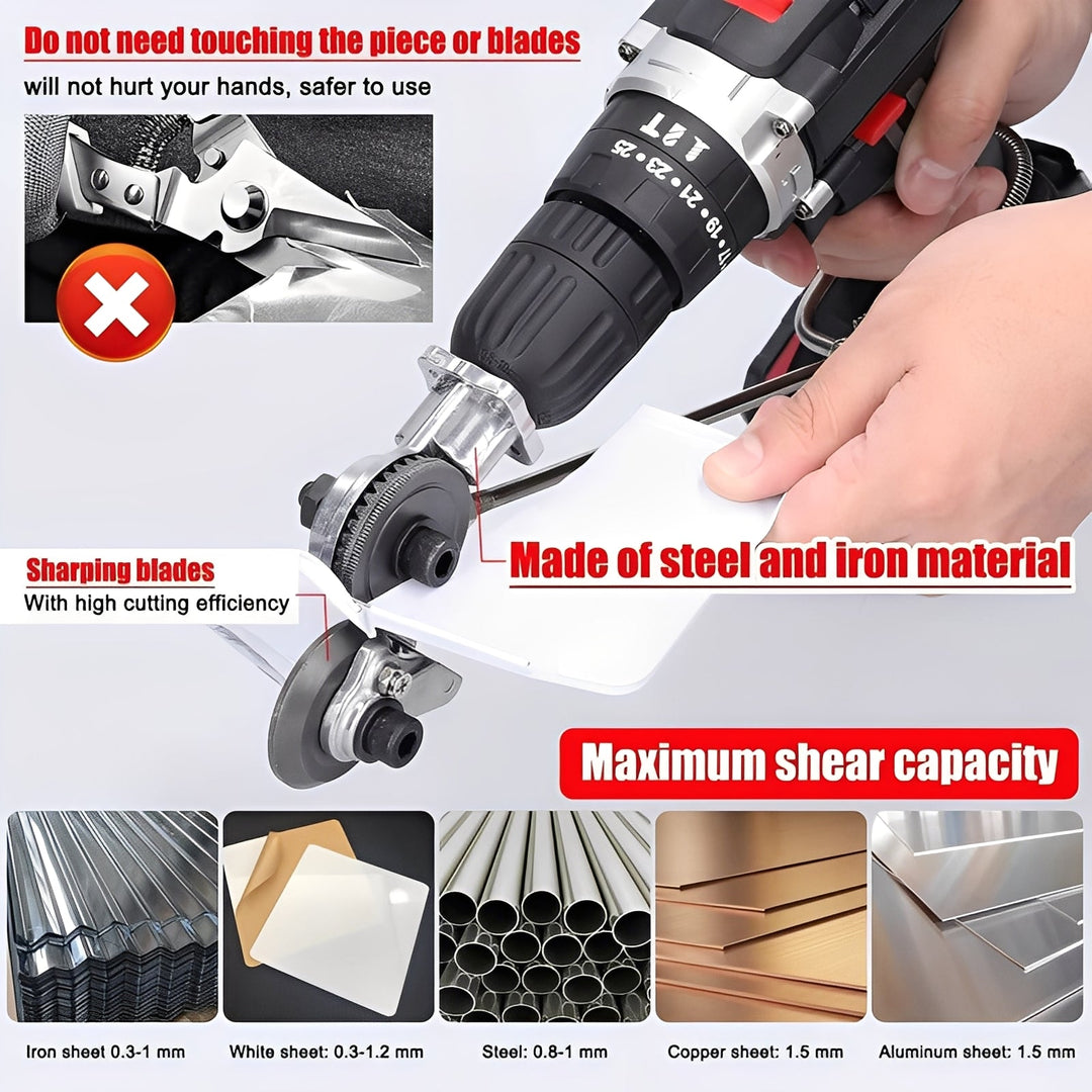 Powerful drill-powered metal shear for fast, clean sheet metal cutting, essential DIY power tool accessory.