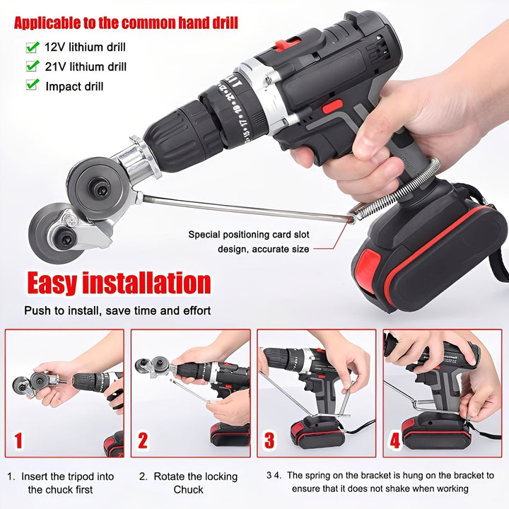 Innovative drill-powered metal shear converts your drill into a sheet metal cutter for various materials.
