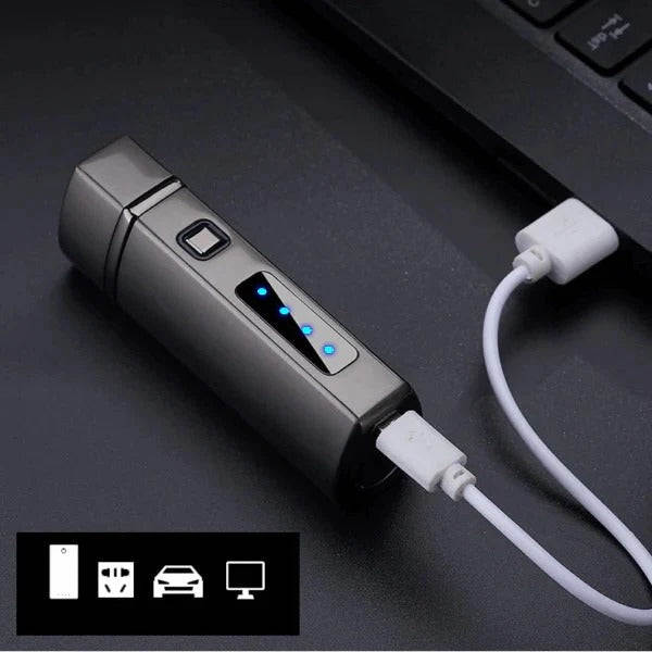 Windproof electric arc lighter with USB charging, perfect for lighting candles or campfires in strong winds.