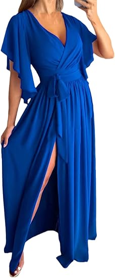 Versatile women's V-neck summer dress with elegant bell sleeves, ideal for casual or event wear.