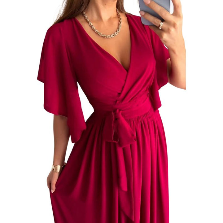 Elegant women's V-neck summer maxi dress with flowing bell sleeves, perfect for warm weather events.