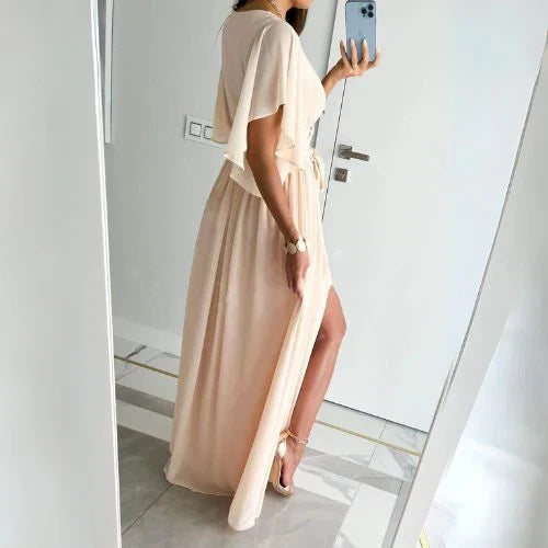Flattering women's V-neck summer maxi dress with comfortable loose fit and stylish bell sleeves.