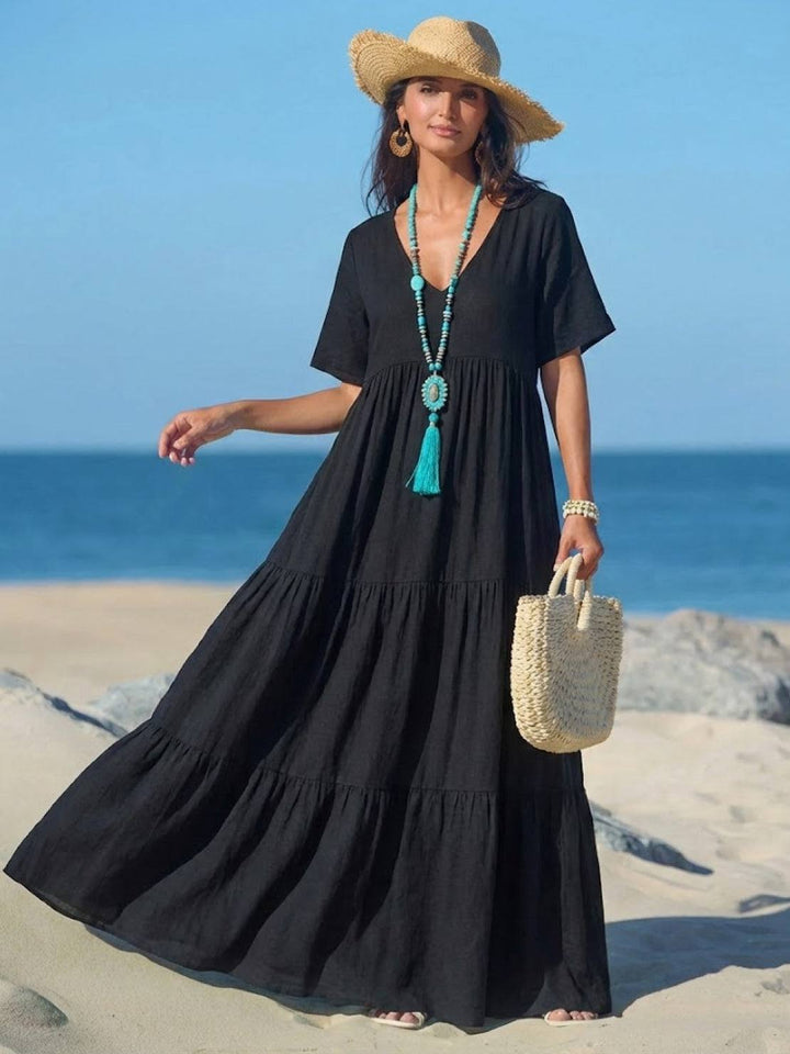 Casual V-neck tiered maxi dress for women, a versatile long boho gown for daily wear.
