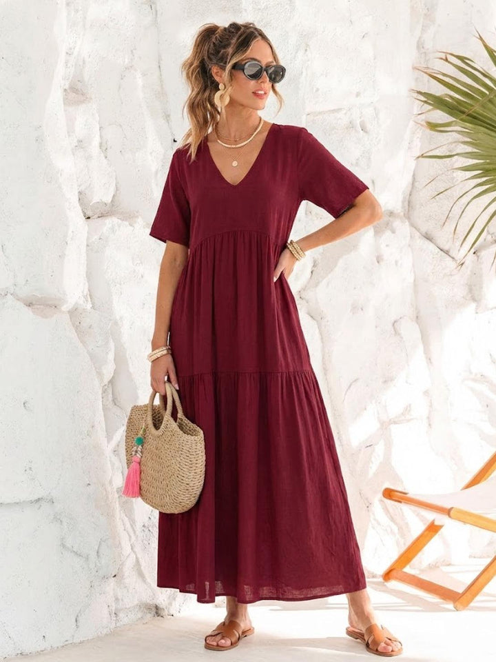 V-neck tiered flowy maxi dress for women, a stylish boho staple for warm seasons.