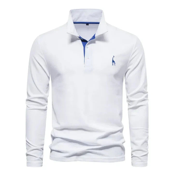 Full view of a men's versatile long-sleeved polo shirt, designed for comfort and effortless style in any setting.