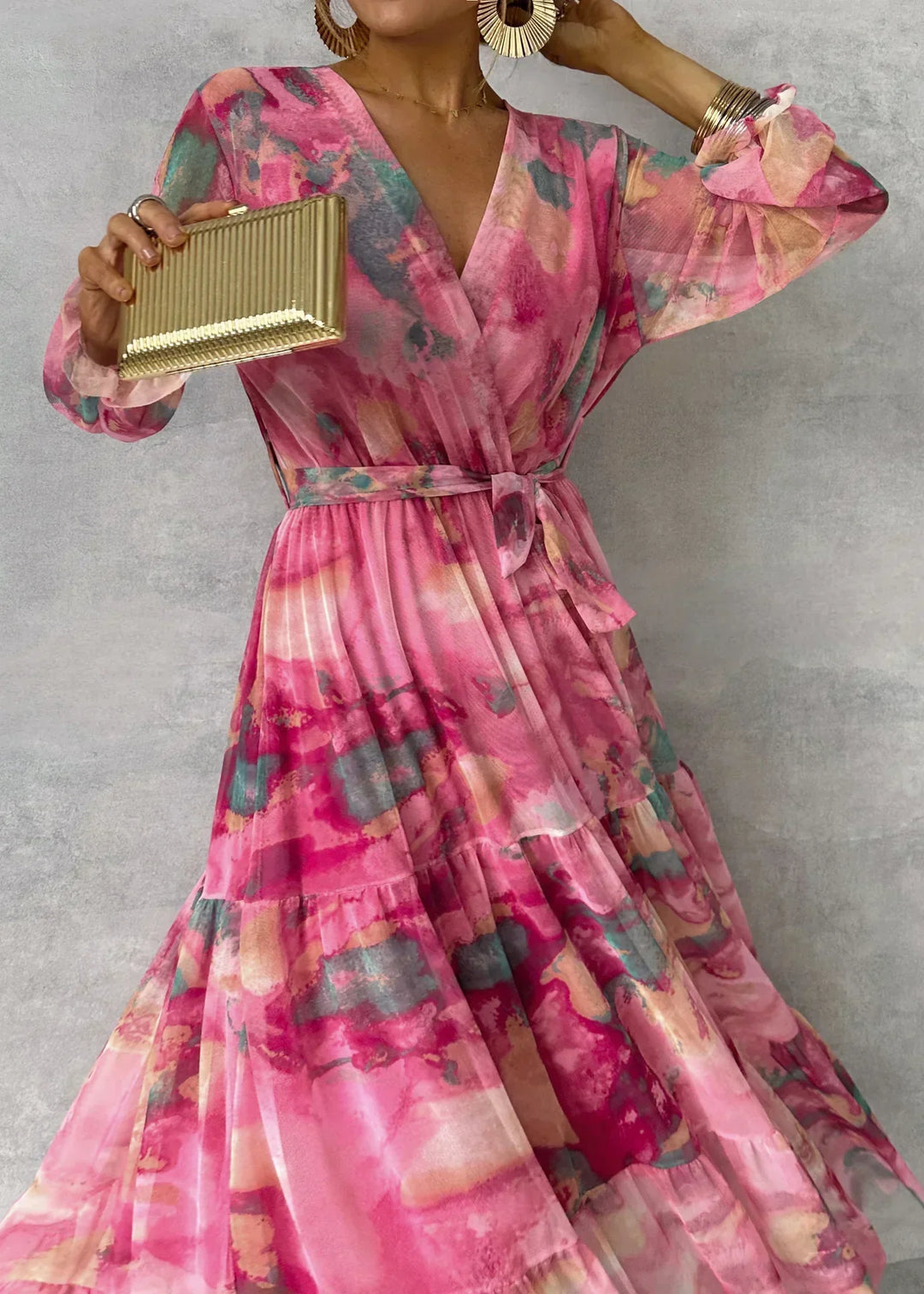 Bohemian style floral wrap maxi dress for women, graceful and comfortable, perfect as a summer party dress.