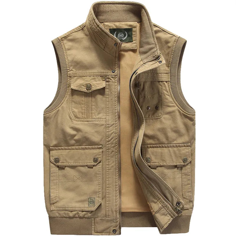 Rugged men's vintage outdoor vest, perfect explorer gear with many pockets for hiking and travel.