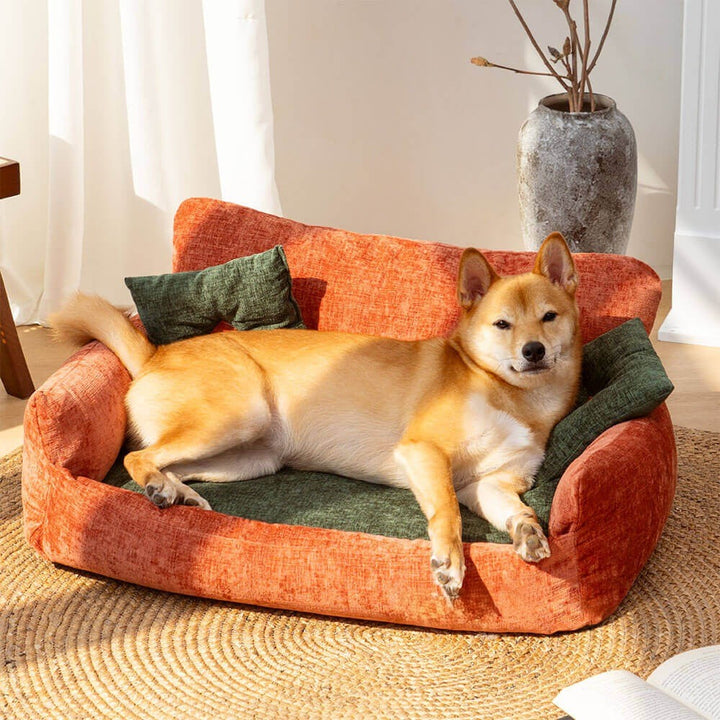Vintage style chenille sofa pet bed for dogs & cats. Luxurious and comfy pet furniture with washable cover.