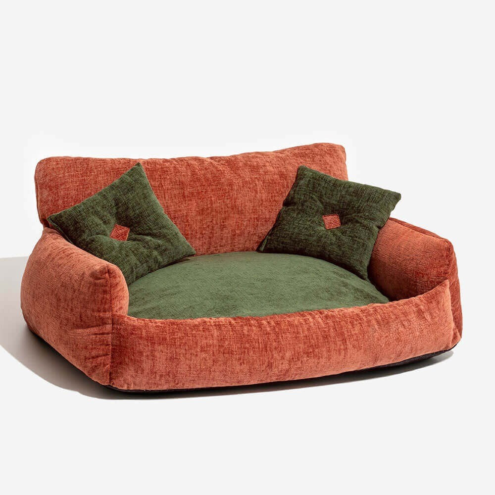 Plush vintage chenille dog & cat sofa bed. Cozy animal bed with non-slip base, perfect for small pets.