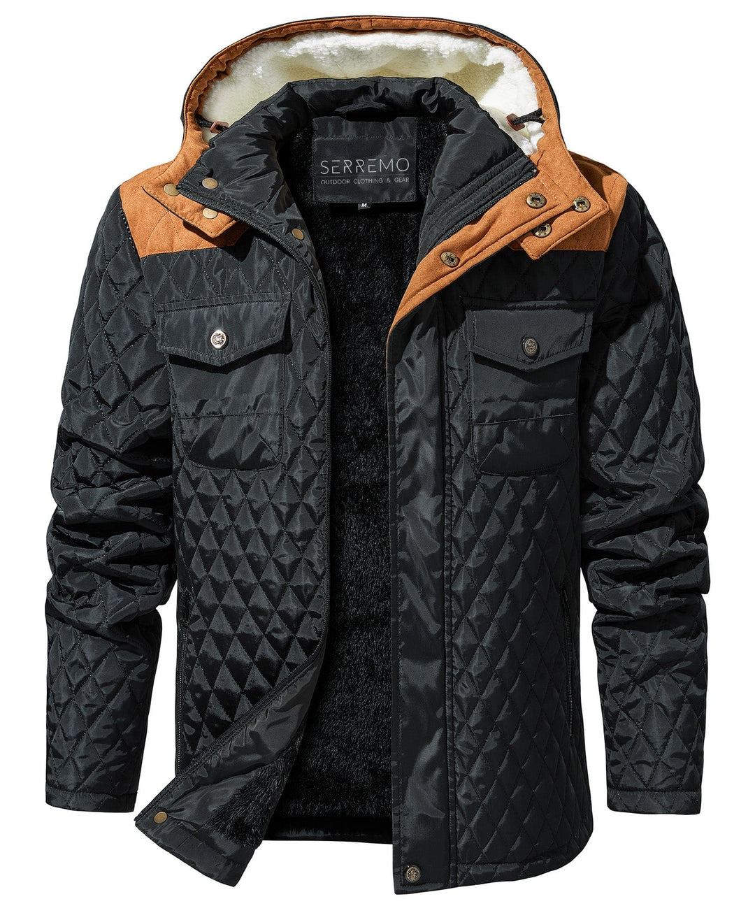 Warm men's black insulated sherpa-lined winter jacket, front view, for rugged casual outdoor wear