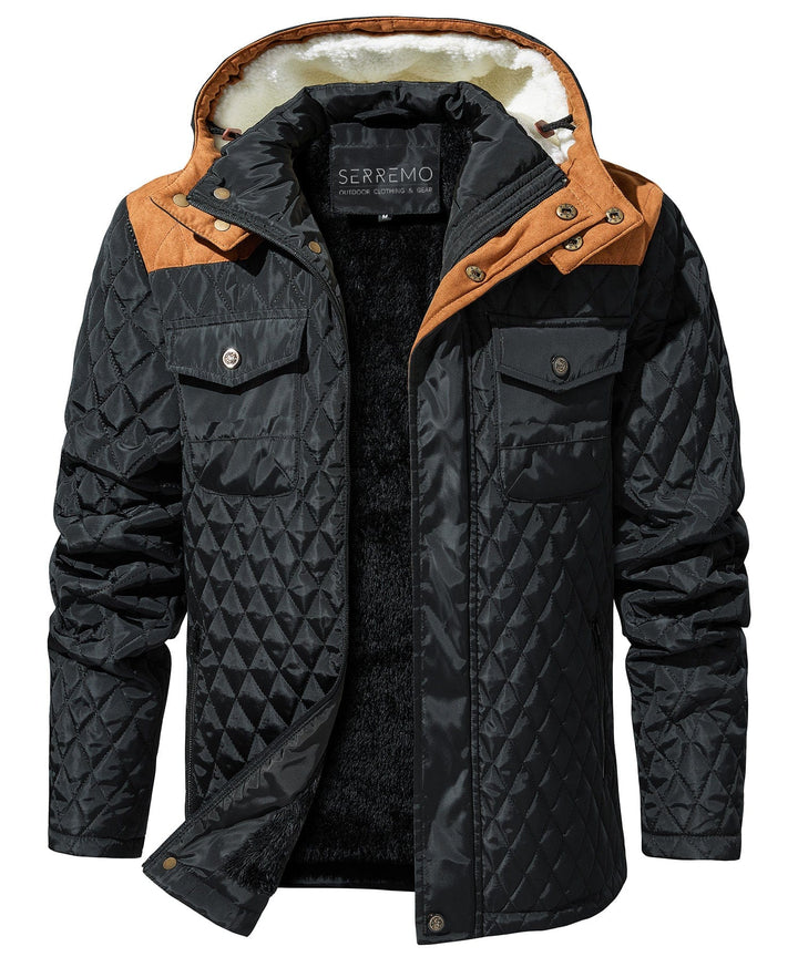 Warm men's black insulated sherpa-lined winter jacket, front view, for rugged casual outdoor wear