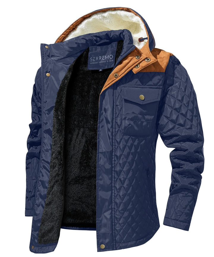 Side view of a durable men's black insulated sherpa-lined winter jacket for cold weather