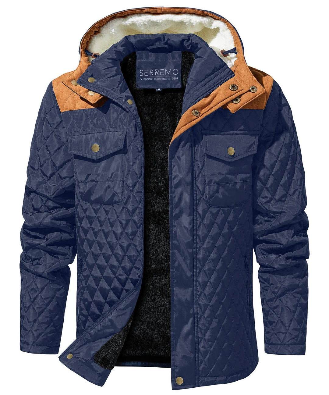 Black men's insulated winter jacket with sherpa lining, zipper detail, durable outerwear