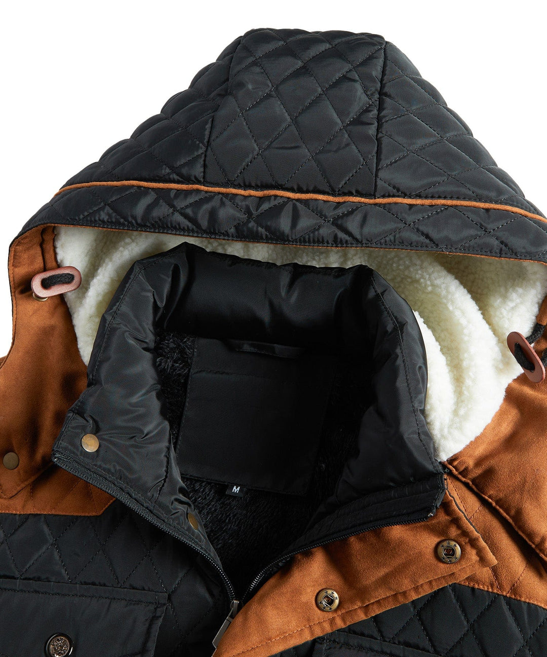 Man wearing a black insulated sherpa-lined winter jacket, casual outdoor style, full body shot