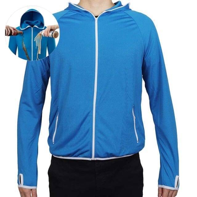Folded men's water-repellent outdoor jacket, showcasing its durable, windproof fabric for camping.