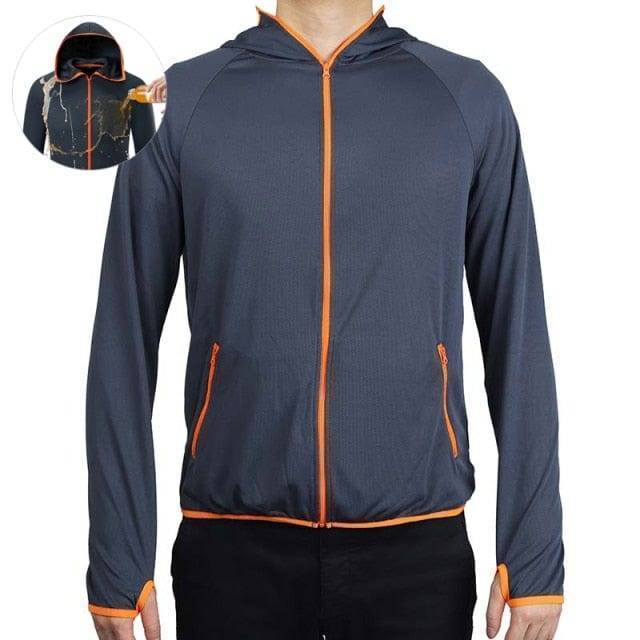 Back view of a men's all-weather outdoor jacket with an adjustable hood, essential windproof activewear.