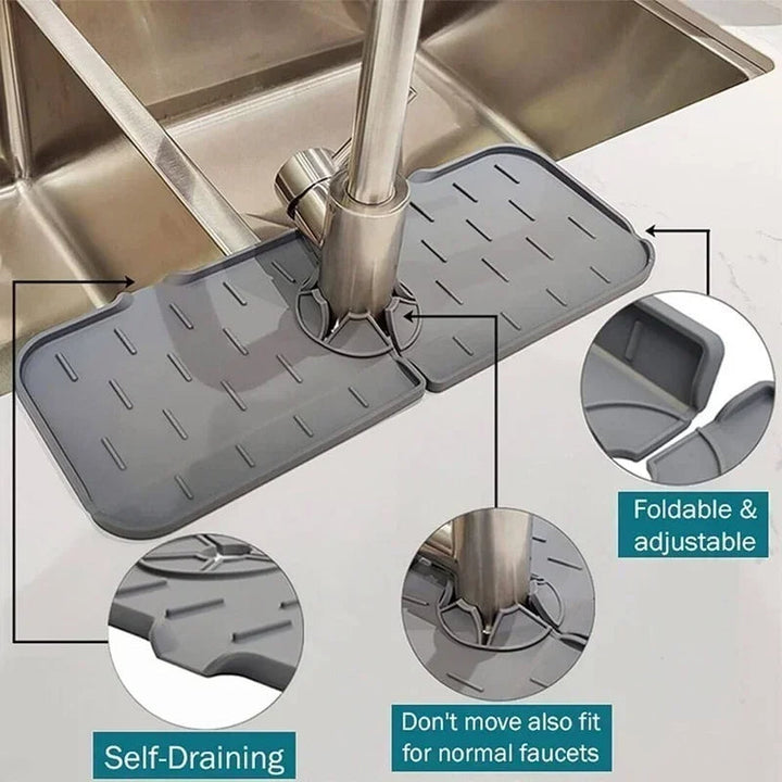 "Water-resistant silicone sink splash guard with sleek design, quick-drain feature, and organized soap and sponge storage."