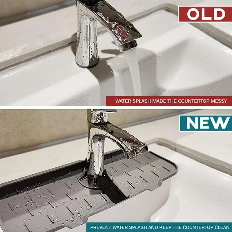 "Water-resistant silicone sink splash guard with sleek design, quick-drain feature, and organized soap and sponge storage."