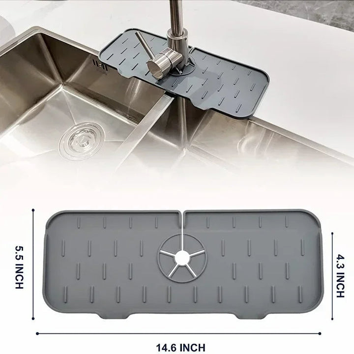 "Water-resistant silicone sink splash guard with sleek design, quick-drain feature, and organized soap and sponge storage."