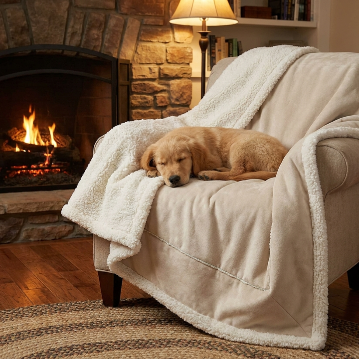 Waterproof flannel & sherpa fleece dog blanket for pets, offering warmth, coziness & furniture protection.