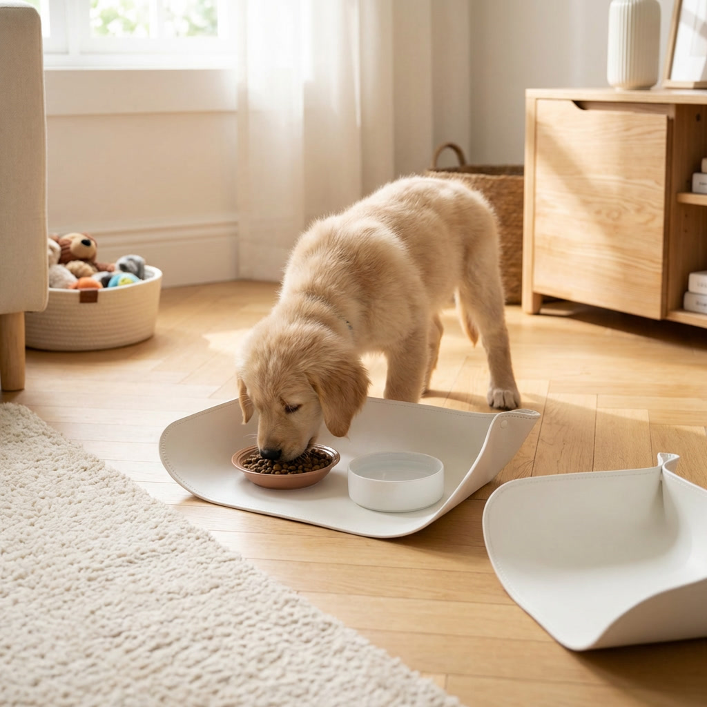 Waterproof, spill-proof pet feeding mat keeps floors clean. Ideal dog bowl or cat bowl mat, non-slip & easy to clean.