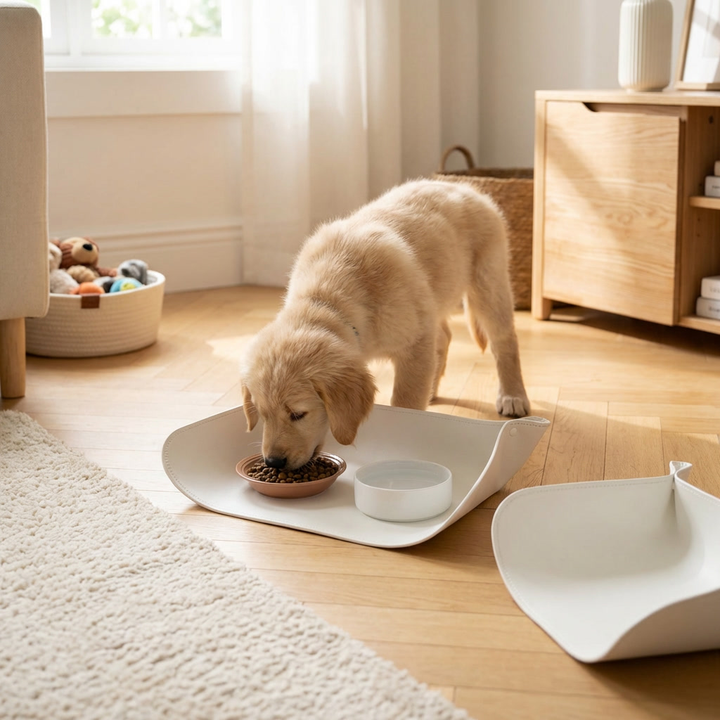 Waterproof, spill-proof pet feeding mat keeps floors clean. Ideal dog bowl or cat bowl mat, non-slip & easy to clean.