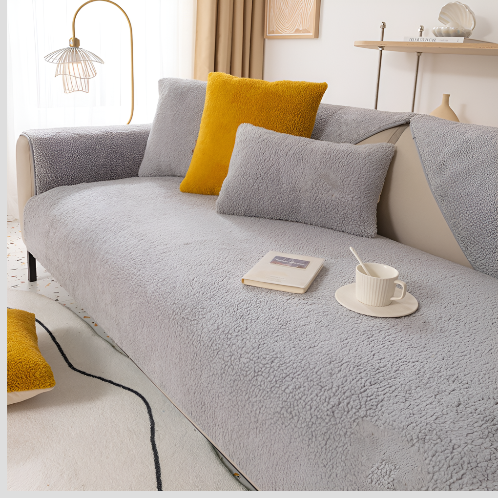 Durable & washable waterproof fleece couch cover with non-slip backing, perfect home decor for busy families.