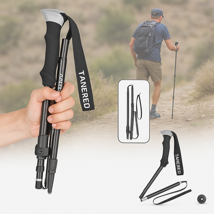 Hiker gripping adjustable trekking poles on a challenging mountain path, promoting stability.