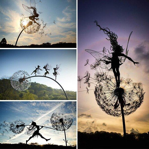 Whimsical metal fairy with lifelike dandelion stakes, ideal for enchanting garden decor, adding magic to outdoor spaces.