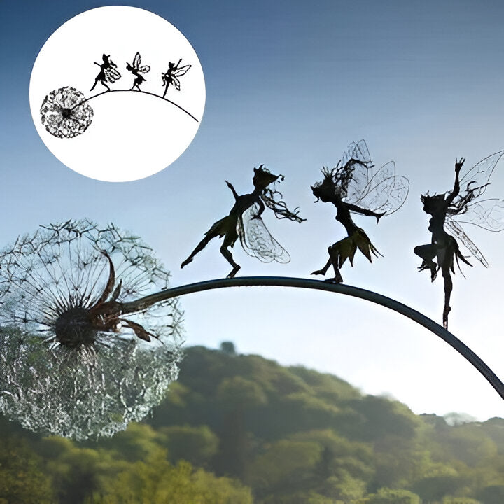 Detailed metal fairy sculpture, weather-resistant steel art perfect for whimsical garden decor or patio accent.